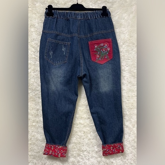 Embroidered Cropped Boho Harem Denim Jeans - Picture 2 of 9